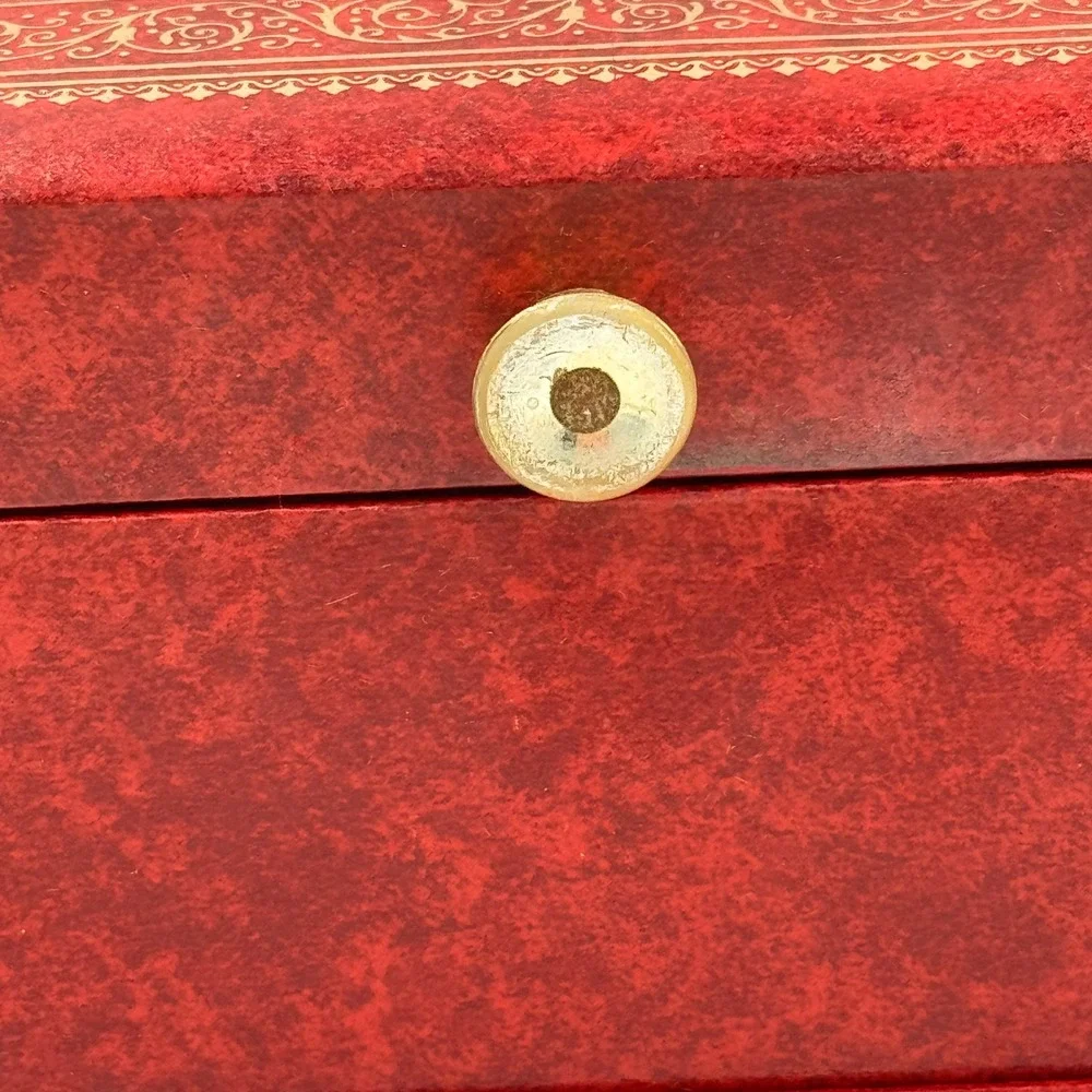 Vintage Red Faux Leather Jewelry Box Gold Filigree 3-Tier Cantilever Drawer